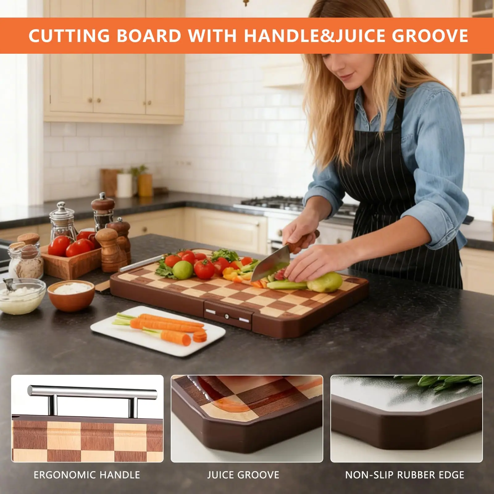 product custom wood cutting board with stand sharpener handle reversible grid pattern kitchen chopping block-7
