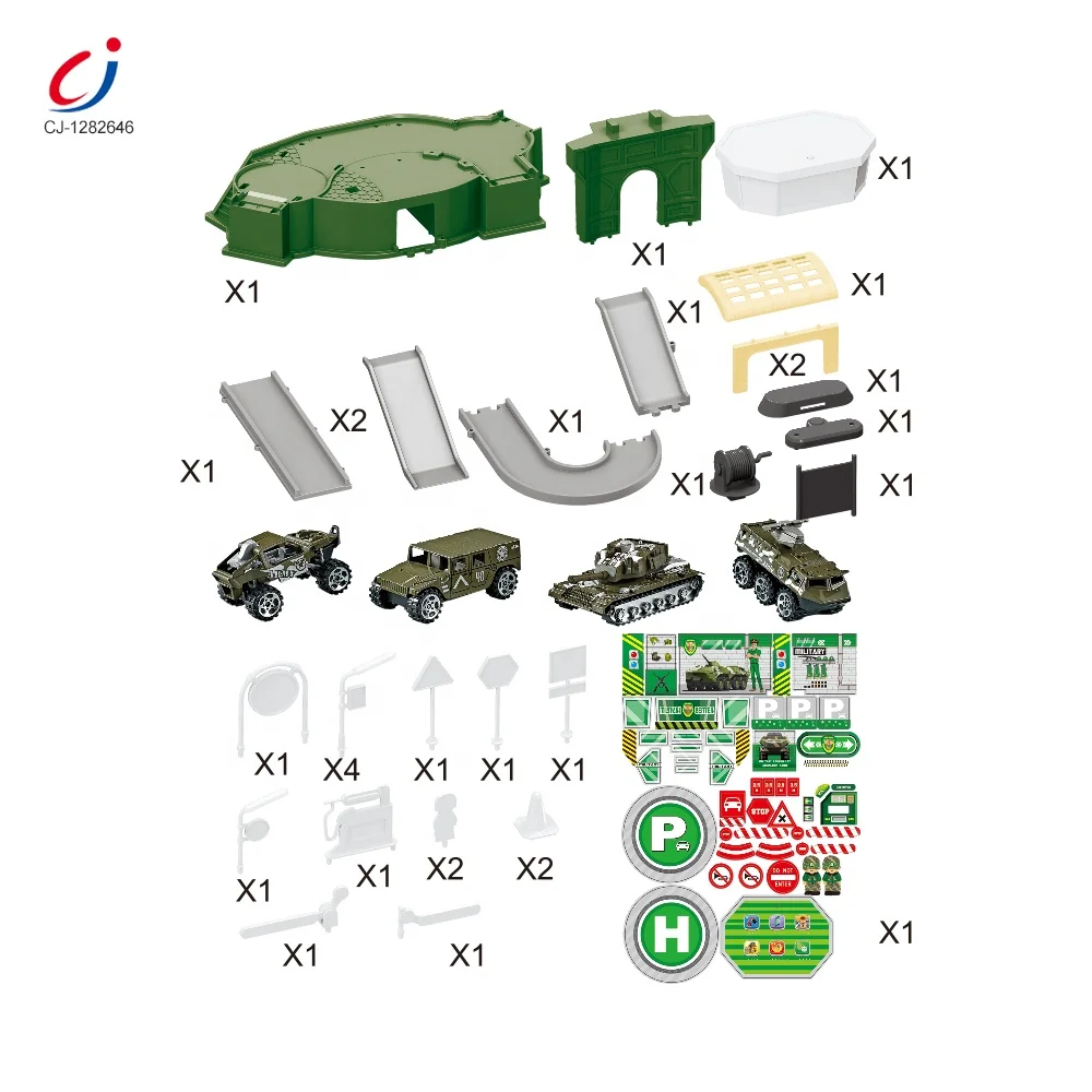 Chengji DIY Track Series Police Parking Lot Set Car Garage Toy, Alloy Metal Car Toy Track Parking Lot Military Parking Slot Toys