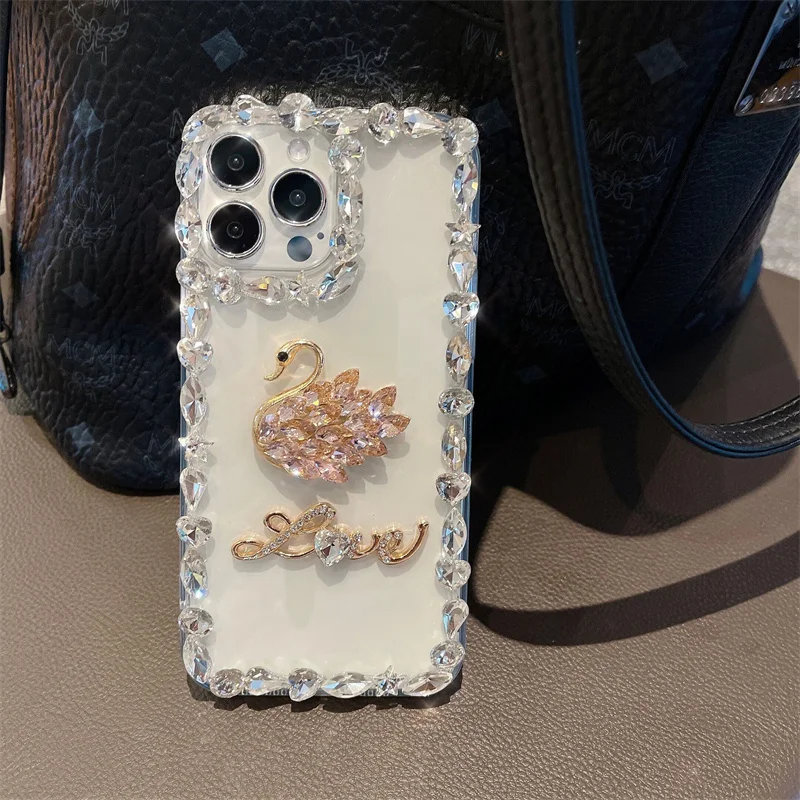 Luxury Bling Glitter Diamond Swan Transparent Phone Case For iPhone 15 Pro Max Crystal Rhinestone Cover For Samsung S24 A35 A55