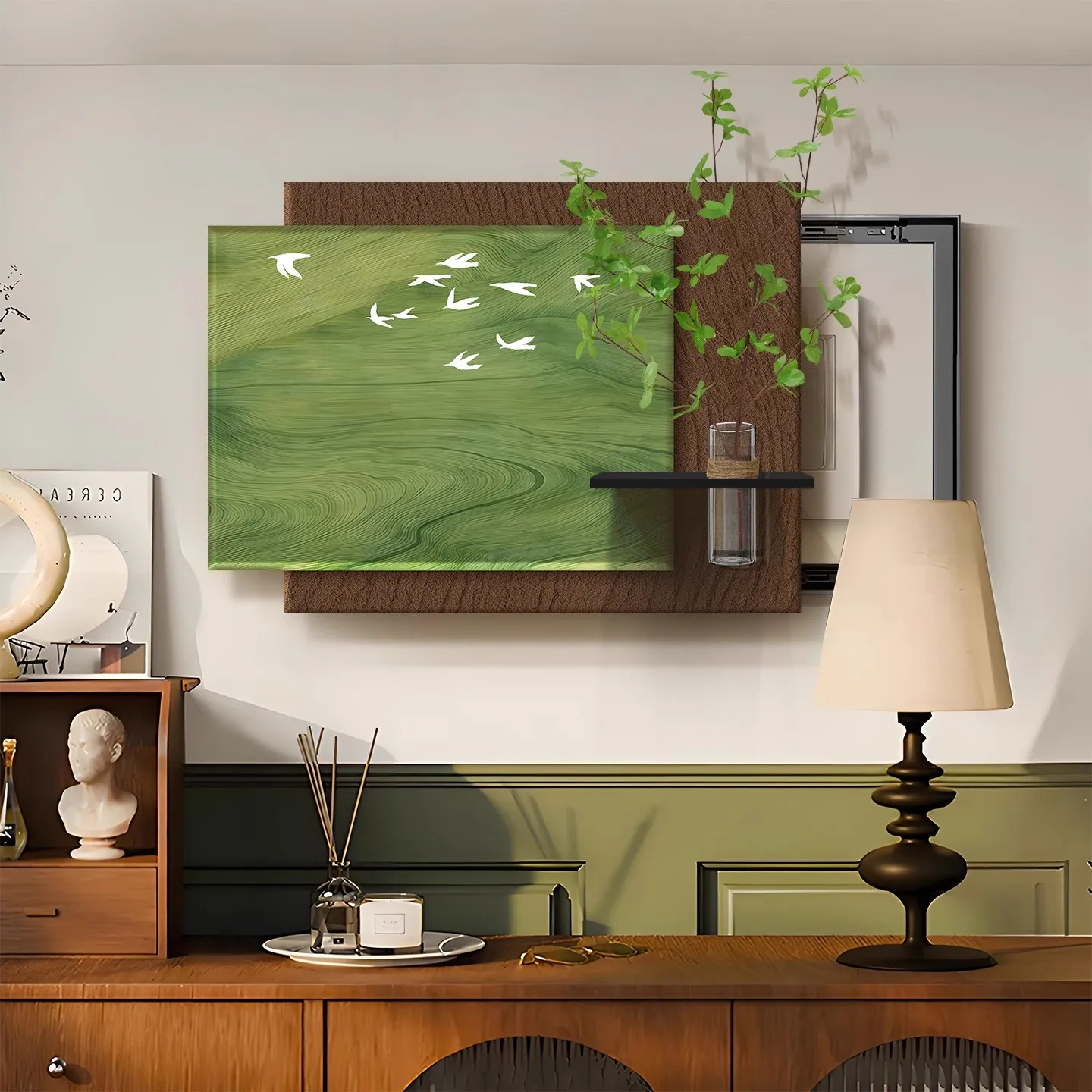 Green White Butterfly Wall Art Canvas Print Textured Wood Effect 3D Plant Shelf Minimalist Nature Home Decor Living Room