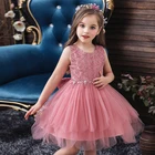 Kids Dress Custom Embroidery Pink Ball Gown Big Bow Flower Princess Kids Party Dress Girls Birthday Party