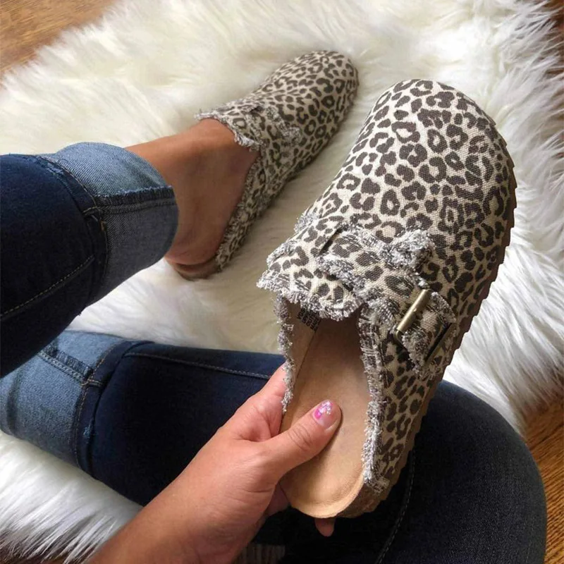 35-43 Large Slippers Spring and Autumn New Leopard Pattern Baotou Lazy Shoes in Europe and America Doudou Shoes