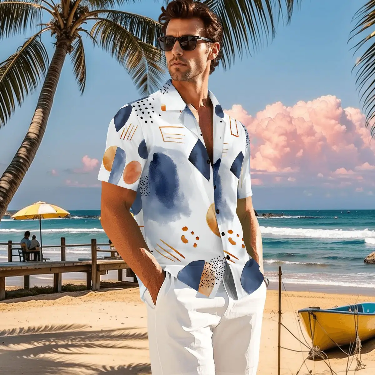 Custom image Men's 100% Cotton Short-Sleeve Button-Down Shirt Floral Pattern Smart Casual Chinese Style Mandarin Collar for Spring Summer H8fcab250aee94a788d062da5c992b8155