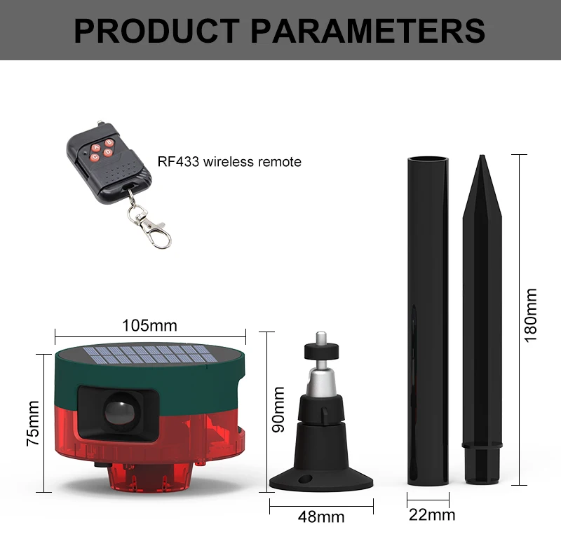 2023 New Arrival Wireless Solar RF Remote Alarm Siren Solar Animal Repeller With Built in 13 sounds and Recording