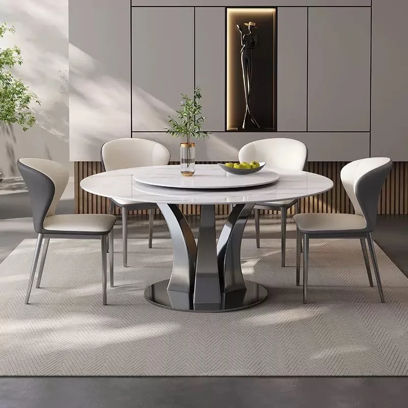 Light Luxury Sintered Stone Dinning Table Set For 6 Modern Simple Italian Restaurant Dining Round Table With Turntable