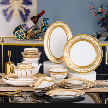 European Style Hotel Restaurant Top Grade Dinner Ware Luxury Gold Rim Relief Printed Ceramic Plate Bowl Pot Tableware Set