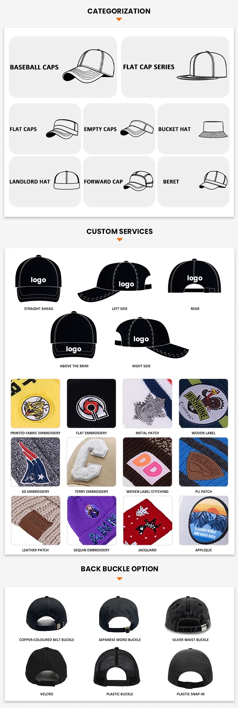 custom trucker & mesh caps with different styles, different logo printing methods, and different logo positions.