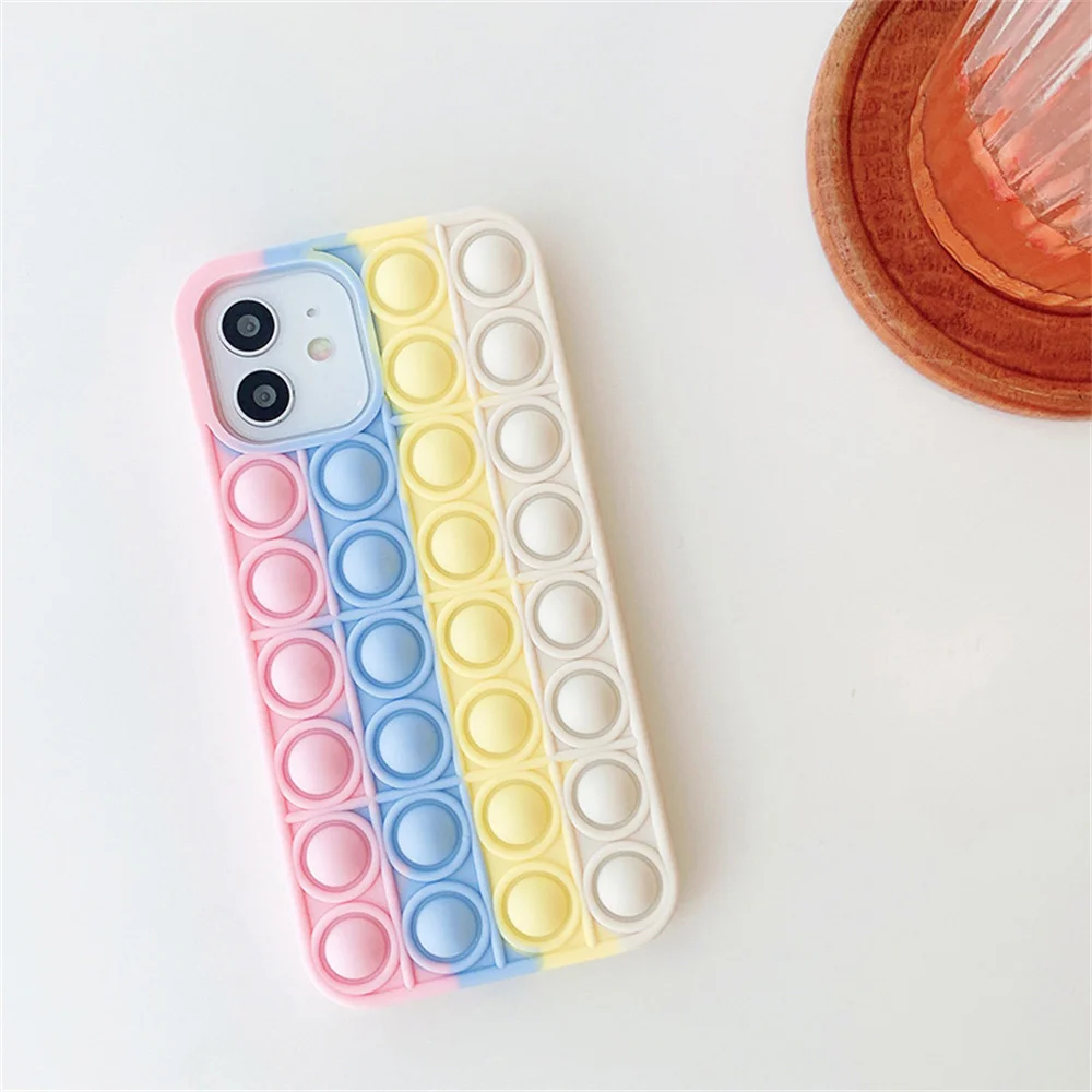Reliver Stress Bubble Popper Fidget Toy Phone Cover Push Bubble Soft Colorful Silicone Rainbow Fidget Phone Case