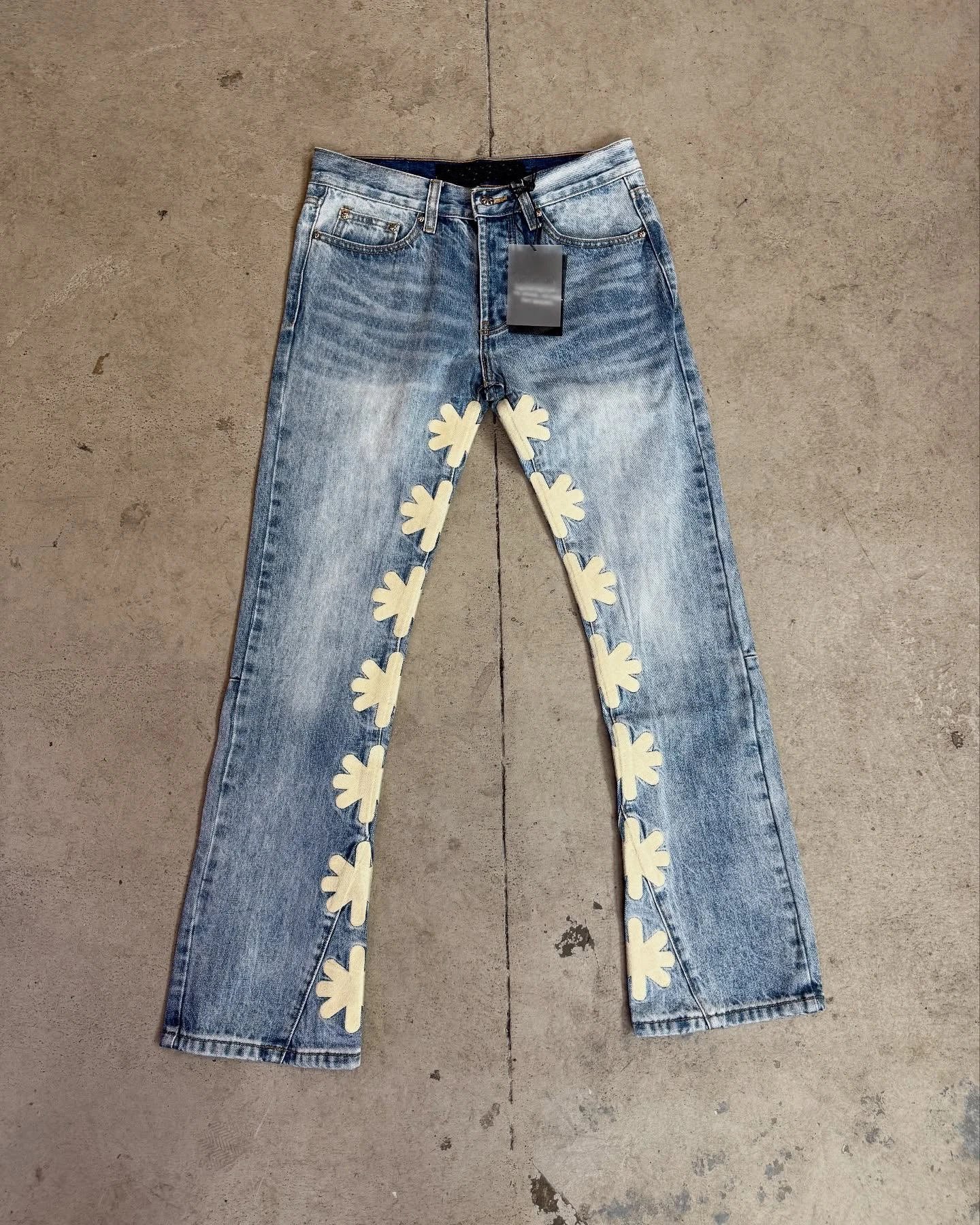 Streetwear Custom Patch Embroidery Pu Leather Pants Vintage Wash Flared Jeans Denim Pants for Men factory