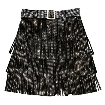 Women's Black Tassel Short Skirt New Autumn Hot Diamond Belt Fashion short Skirts Elegant High Waist Lady Silm A-line Skirt