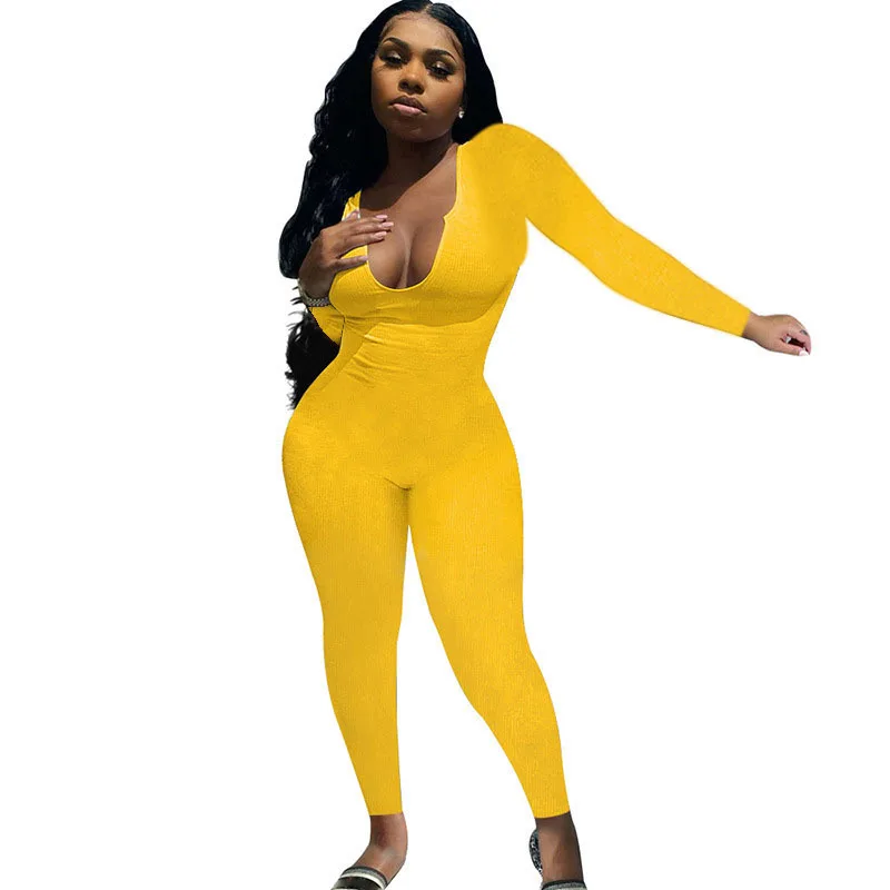 C45-1 solid color plus size jump suits bodycon jumpsuits long sleeve romper and jumpsuit rompers fall 2021 women clothes