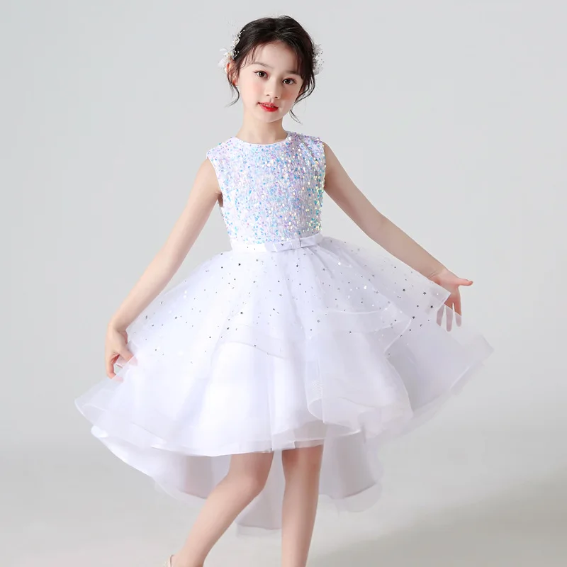 2023 summer new girls sleeveless sequin one-dress train skirt long princess dress