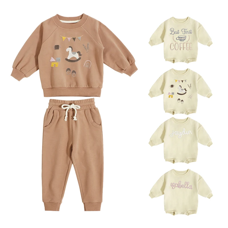 Wholesale customized embroidered baby pajamas Long Sleeve organic cotton baby boy and girl romper French terry newborn jumpsuit