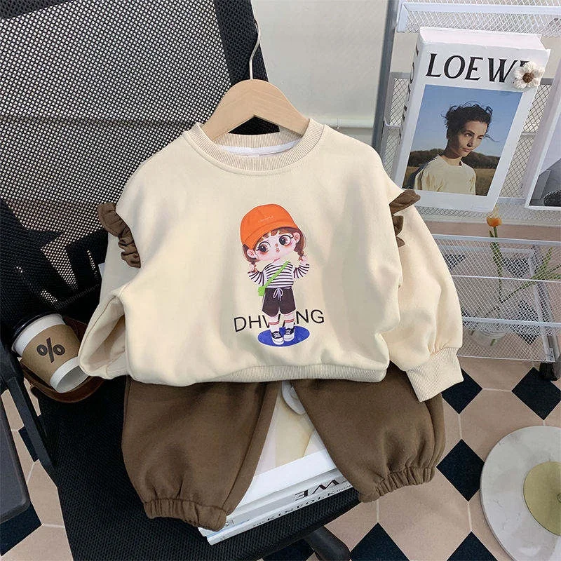 Wholesale children's cartoon printed bear girls clothing long sleeve suit sportswear 2 casual suit children's sportswear