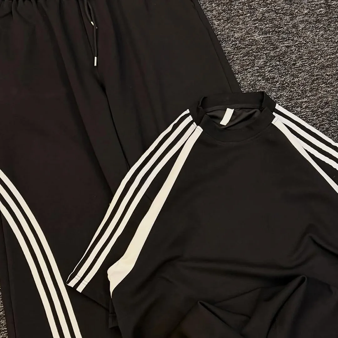 product 100 cotton custom streetwear tracksuit men oversized silhouette screen print t shirt casual sweatpants two piece set722-2