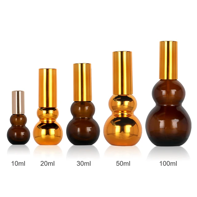 Wholesale 10ml 20ml 50ml 100ml Amber calabash gourd Frosted Glass Dropper Bottle For Essential Oil with stainless steel Ball