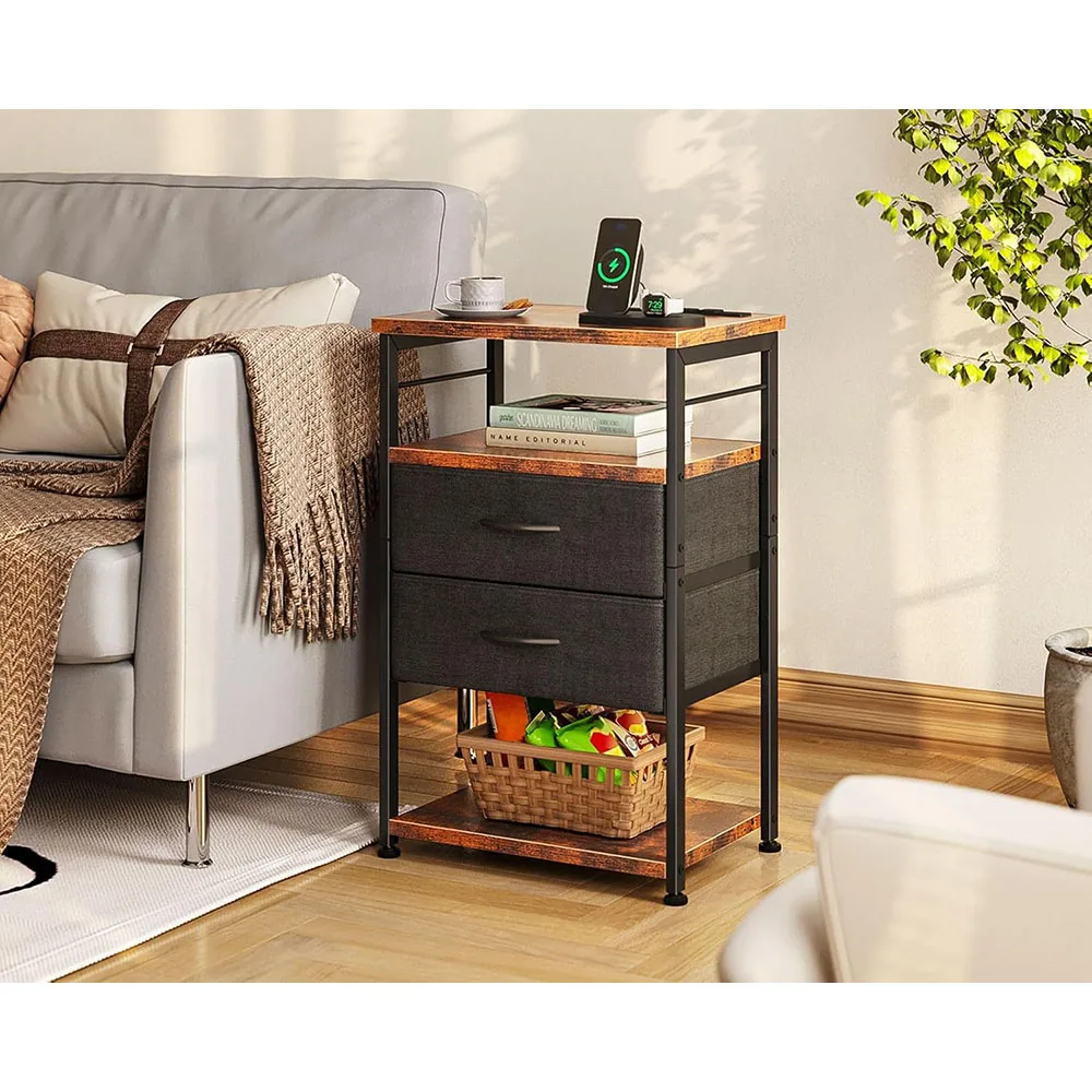 Modern 4-Tier Storage Bedside Nightstand Tall Night Stand with Charging Station and Drawers for Home Bedroom End Table factory