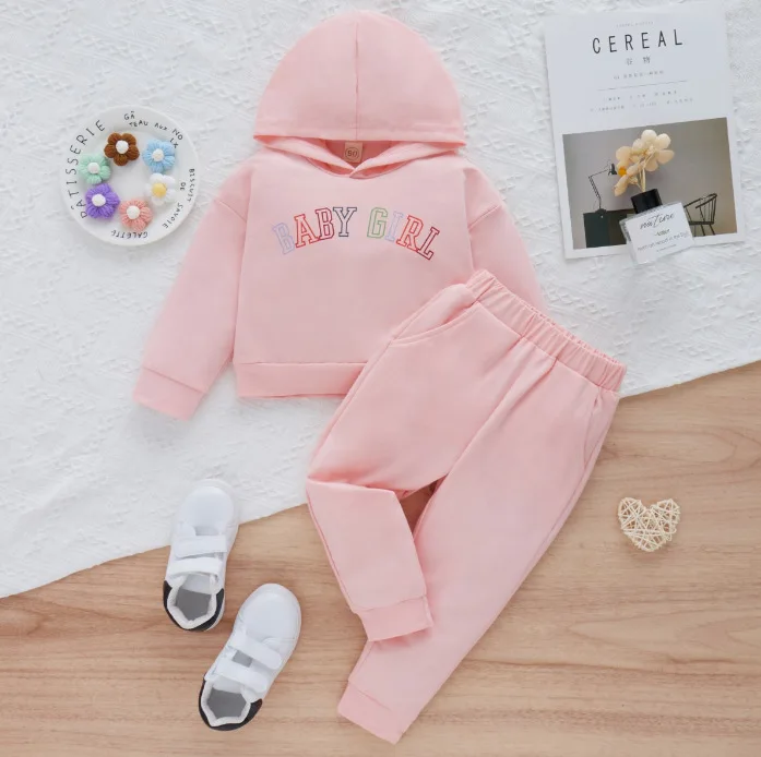 High quality toddler girls autumn clothing sets pink little girls pullover hoodie set boutique children jogging sets