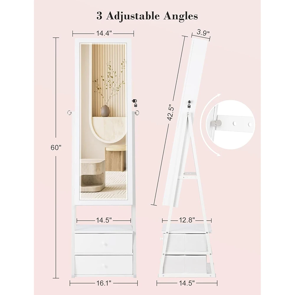 2 Drawers Lockable White Jewelry Armoire with Full-Length Mirror Wood Jewelry Storage Cabinet for Living Room factory