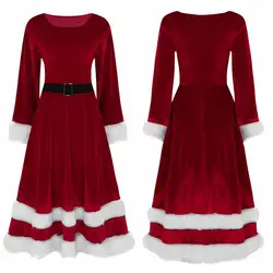 Womens Ladies Soft Velvet Scoop Neck Long Sleeves Mrs Santa Claus Costume Adults Christmas Velvet Dress