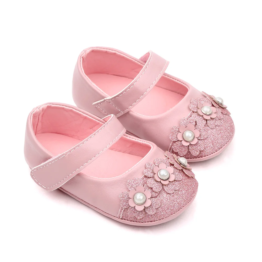 Solid Color PU Leather Glitter Pearl Flower Baby Girls Soft Soled Cute Princess Shoes details
