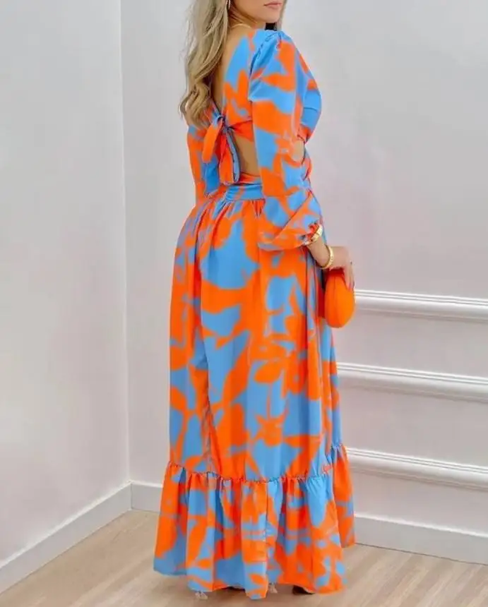 hot sale Women's Wear Is Designed Fashion Floral Printed Sun Dresses Cut Out High Waist Split Long Dress