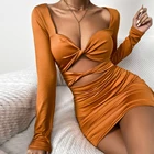 Women Short Dress Satin Party Holiday Wear Long Sleeve Dress Sexy Deep V Hollow-out Tie Pleated Dress