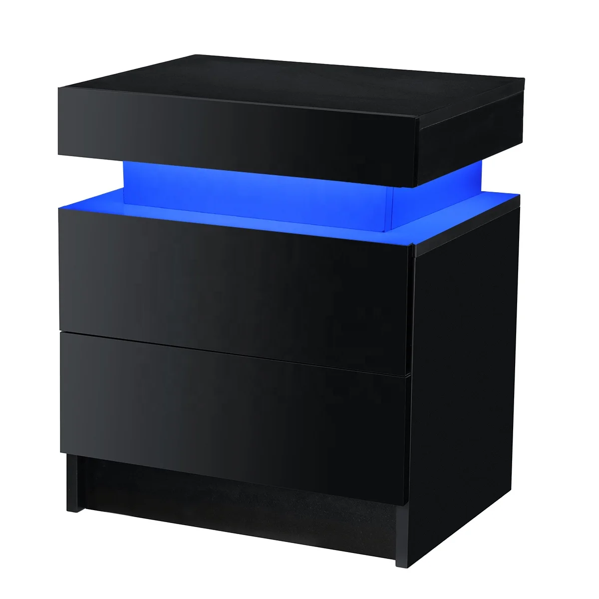 NOVA 2 Drawers Flip Cover LED Light Bedside Table Black High Gloss Nightstand Cabinet