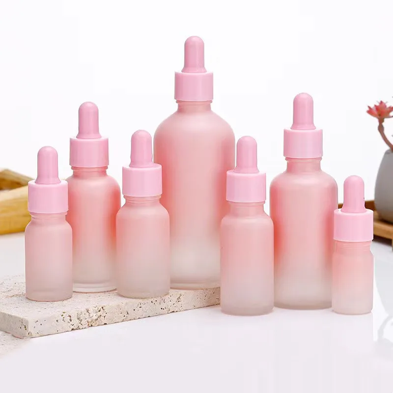 New Design 5ml 10ml 20ml 30ml 50ml Empty Gradient Pink Cosmetic Perfume Refillable Essential Oil Dropper Glass Packaging Bottles