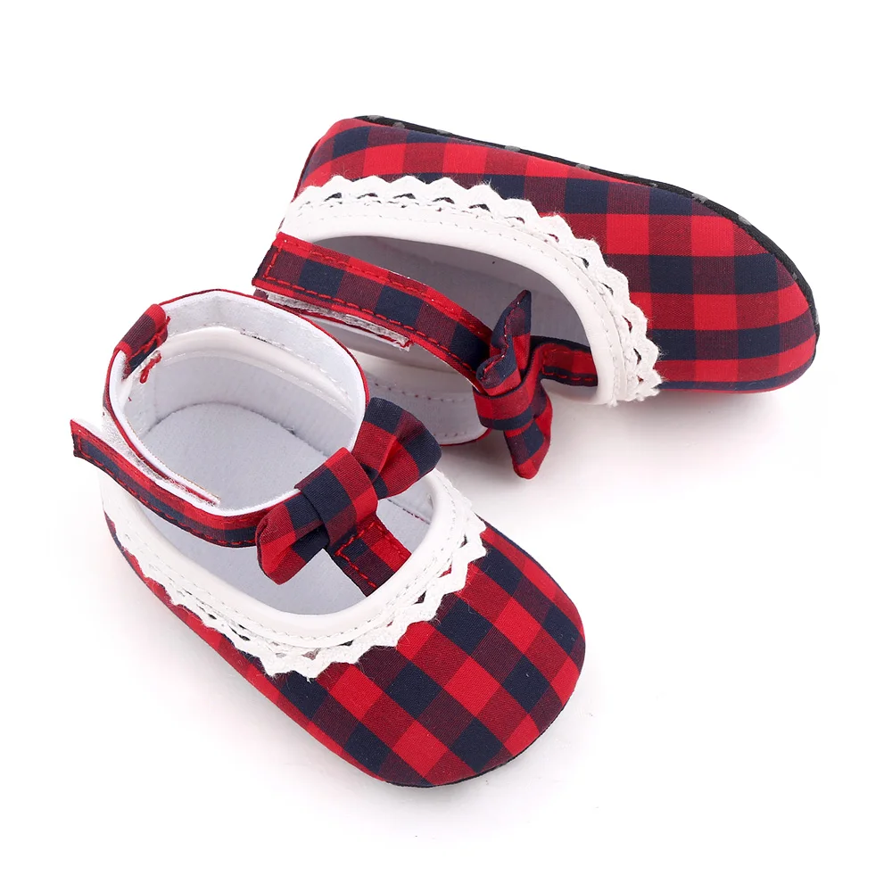Color Matching Plaid Bow Wavy Lace Soft Soled Baby Girls Cute Princess Toddler Shoes details