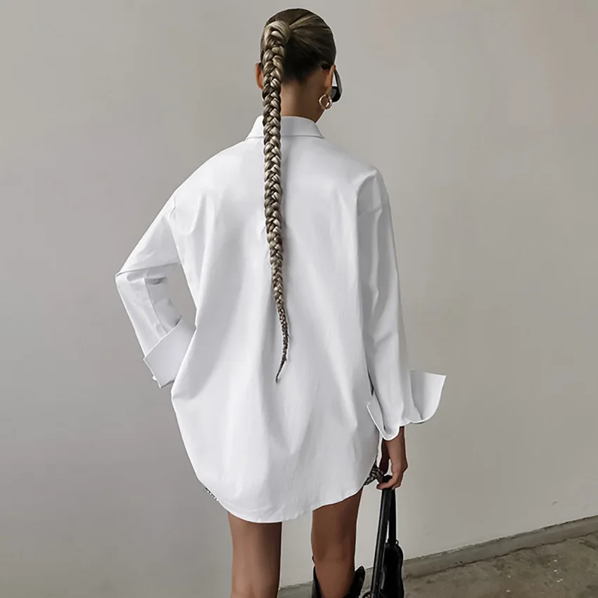 Simple oversize boyfriend style white shirt casual fashion casual commuting all-match mid-length woman clothing dresses women la