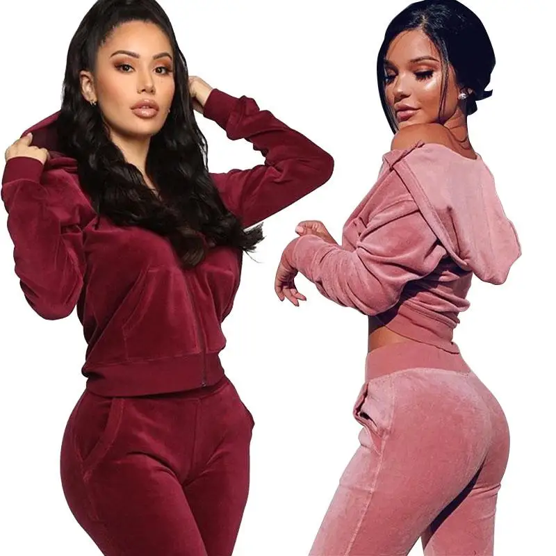 velvet zipper long sleeve tracksuit set