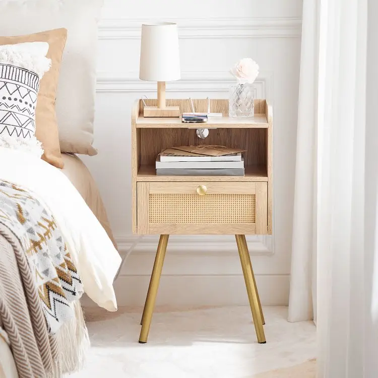 Modern Rattan 1 Drawer Beige Bedside Table Bedroom Furniture Wooden Nightstand Bedside Cabinet With Charging Station Usb Ports