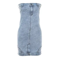 Strapless Blue Demin Mini Dress Party Club Outfit For Women 2023 Summer Botton Zipper Fly Short Dress