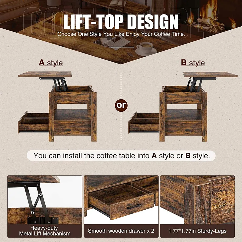 Lift Top Folding Table With Drawers Large Size Antique Classic Design Living Room Furniture End Table