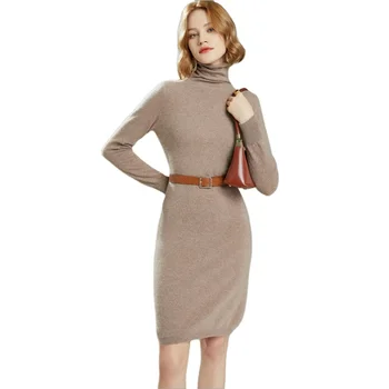 Fashion style Korean custom solid plain long sleeves turtleneck knit cashmere sweater dress for women