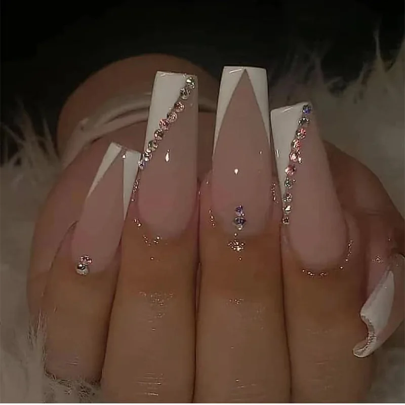 24pcs /box White French Luxury Nail Tips Press On Nails With Rhinestones  Full Cover Long Artificial Fake Nails - Buy Press On Nails Fake Nails In  Artificial Fingernails,Press On Nails With Rhinestones,Luxury