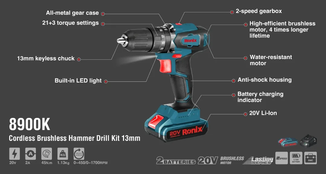 Ronix Hot Selling Model 8993 20V 4A Rechargeable Lithium