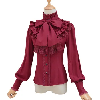 Vintage Lolita Chiffon Shirt Blouse For Women Long Sleeve Stand Collar Elegant Female Gothic Belt Lace Girl Red Black Blue White