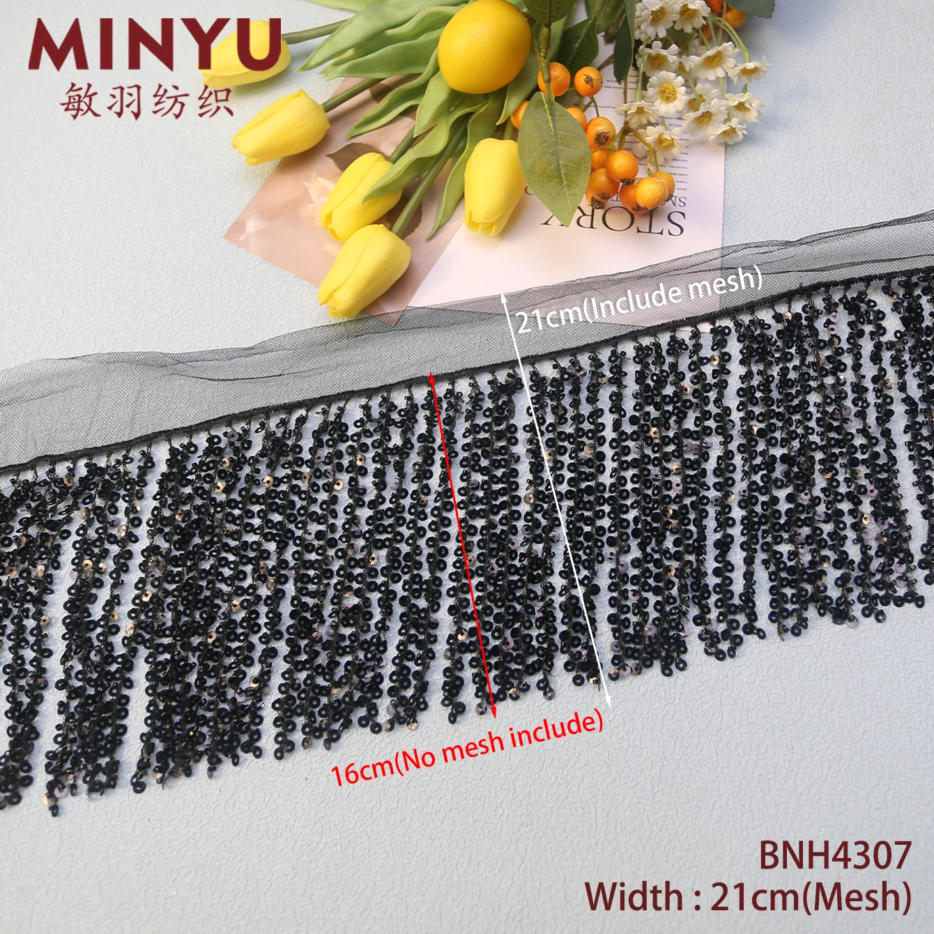 New style sequins fringe tirm macrame width 16cm sequin tassel lace for costume Latin dance Belly dance costume Minyu product