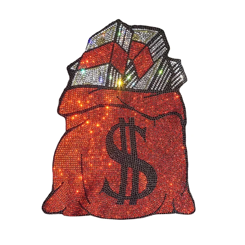 Red money bag Rhinestone Heat Transfer Crystal Patch Clothing Repair Hot Fix Applique for T-Shirts Vest Shoes