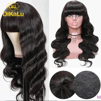 DiKaLu Long Human Hair Wigs Body Wave Wig With Bangs 180% Brazilian Remy Full Machine Human Hair Wigs For Black Women
