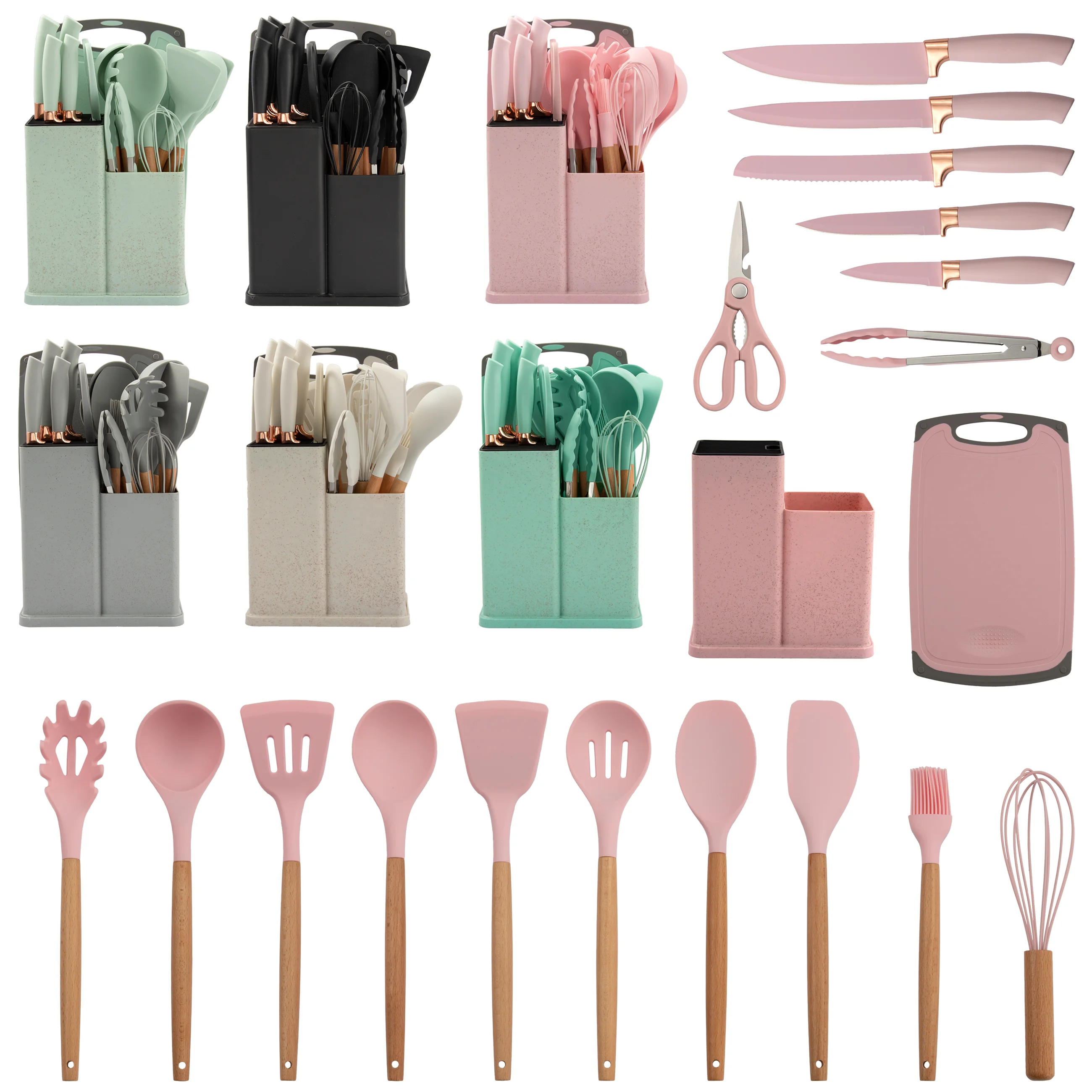 Wholesale Thick 19 Pcs set silicone kitchenware accessories cooking tools set spatula stirring kitchen utensils Wooden Handle