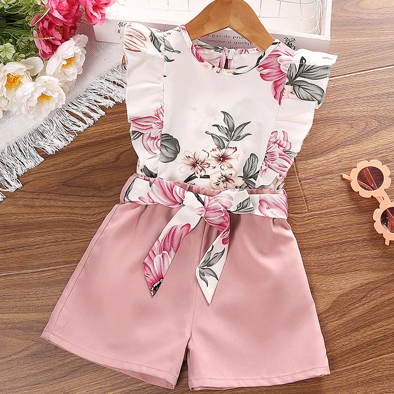 Korean style little girls summer outfits sleeveless floral tops+shorts boutique two piece toddler kids clothing sets