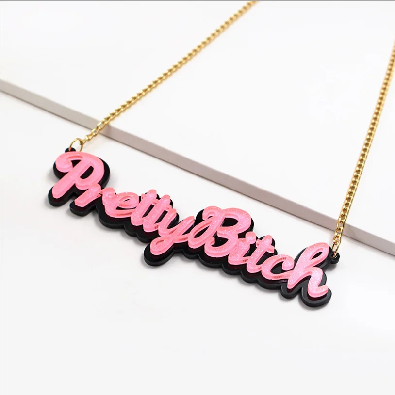 New Design Amazon Hot Selling Pink Word Letter Slogan Phrase Punk Hip Hop Necklace For Women Girls Ladies Lady Buy Pretty Bitch Necklace Pretty Bitch Necklace Freak Rock Crazy Cat Lady Zombie Boo