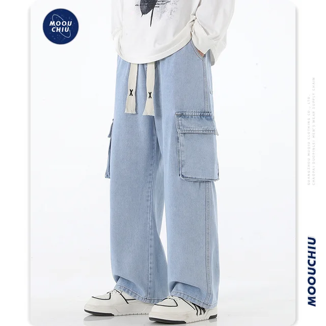 Men's Multi-Pocket Workwear Jeans Loose Straight Hip-Hop Sweatpants with Wide Legs Casual Cargo Pants