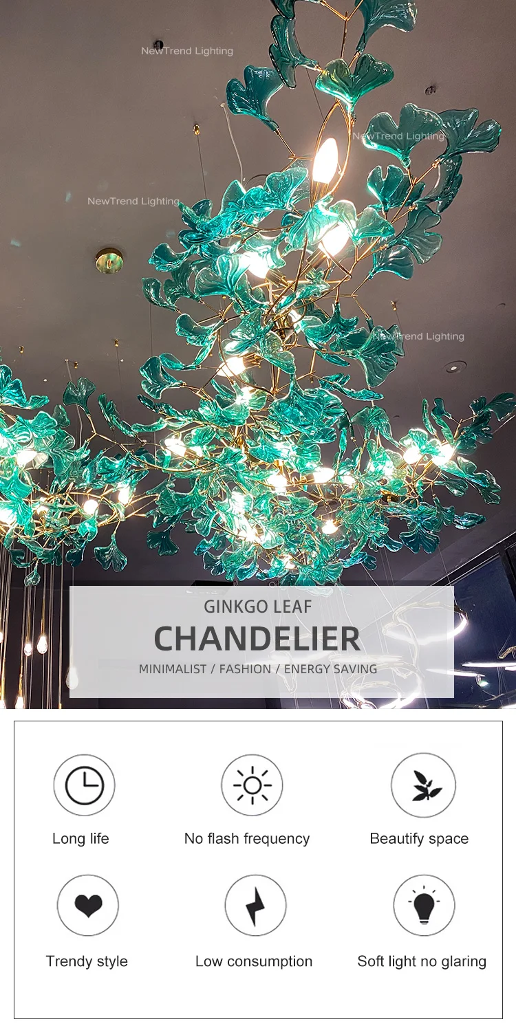CPL-42G Custom Hotel Lobby Villa Decoration Ginkgo Leaf Large Project Modern LED Glass Chandelier Pendant Light supplier
