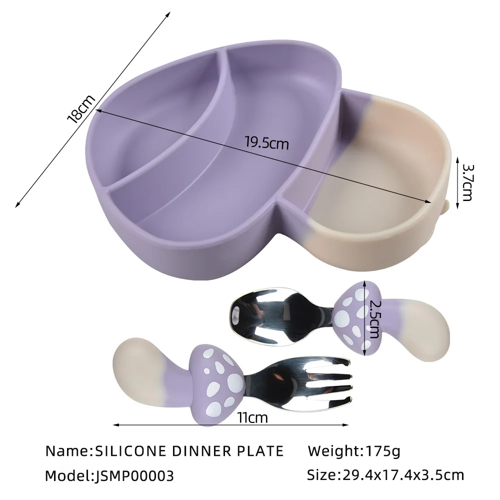 Wholesale customized bpa free toddler silicone baby tableware mushroom shape Baby straw grid plate spoon fork children tableware