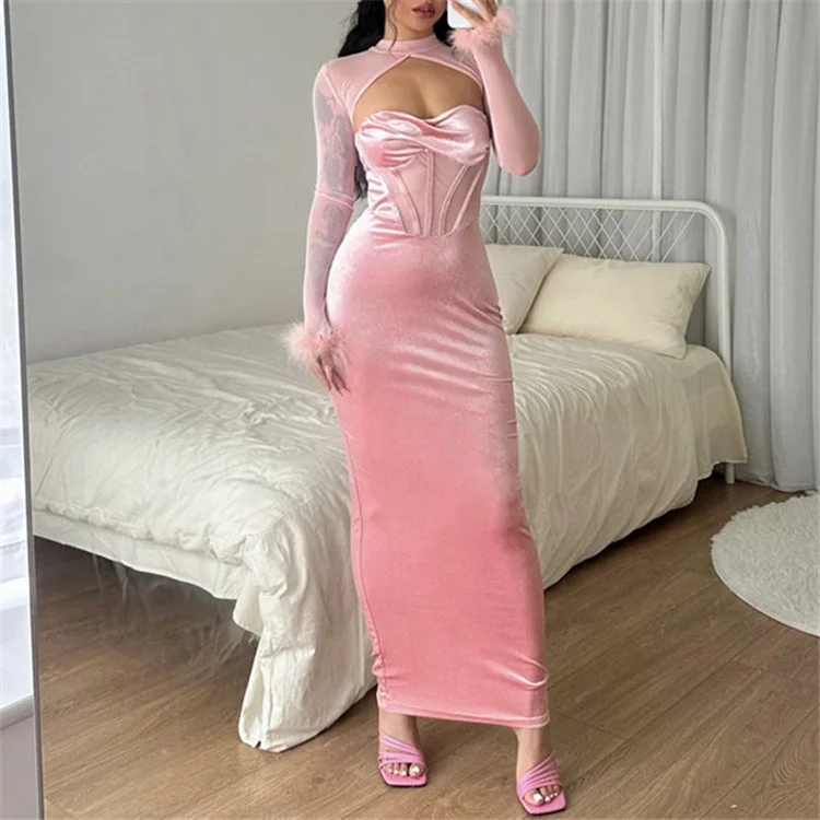 Mesh Patchwork Sexy Y2K Clothes Feather Long Sleeve Backless Corset Bodycon Maxi Dress For Women