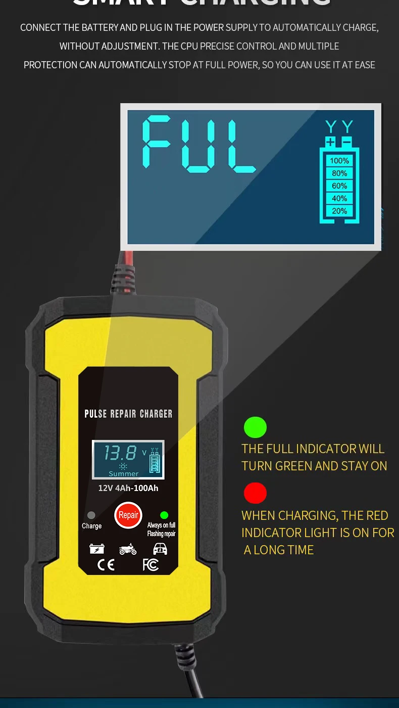 Factory price 12V battery charger 12V 6A automatic pulse repair lead acid gel agm vrla Universal motorcycle car battery charger